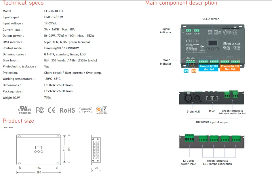 DMX-PWM декодер; RGB/RGBW декодер XLR-3/RJ45/зеленый порт терминала 16 каналов DMX декодер DC12-24V вход; 3A* 16CH