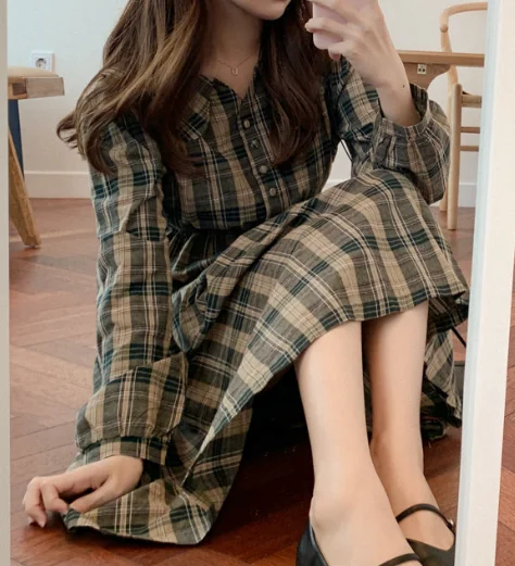 Green S XL размера плюс новое весеннее платье для девочек Boho хлопковое женское винтажное платье в клетку с длинным рукавом Женские платья длинное платье Vestido - Цвет: Green