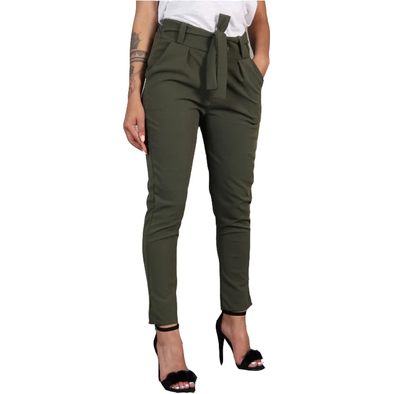

Harajuku Slim Pencil Trousers Women 2019 Spring Autumn Long Pants Khaki Green Black Casual Pants Belt Fashion Office Trousers
