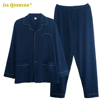 

Soft Spring Autumn Blue Front Pocket Long Sleeve Long Pants Pajamas Set Turn Down Collar Fashion Style Casual Style 100% Cotton