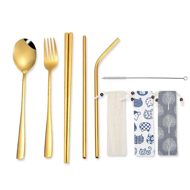 gold set 5 шт./компл. Нержавеющая сталь многоразовый набор посуды столовые приборы металла питьевые Соломки с ложкой палочки дозирующая детская ложка для кисти вилка в сумку для переноски - Цвет: gold set