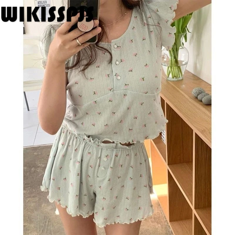 

2022 Summer New Ins Floral Short Sleeve Casual Wave Edge Home Wear Suit Women Pajama Set Women Womens Two Piece Sets