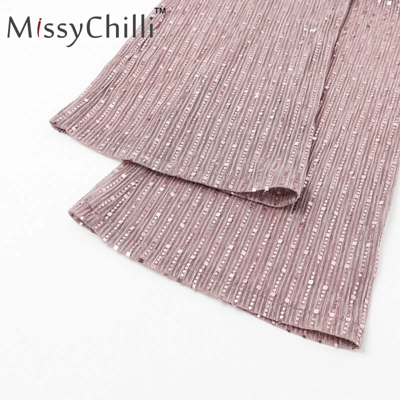 MissyChilli, костюм из 3 предметов с блестками, женский комбинезон, комбинезон, сексуальный, широкие, вечерние, клубный, длинный, пляжный костюм, элегантный, v-образный вырез, розовый, комбинезон, осень