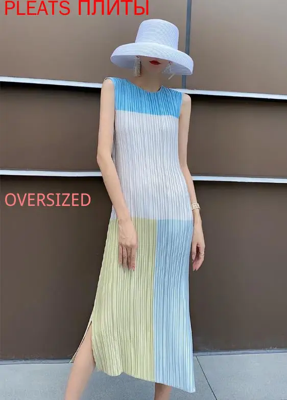 

Miyake-long pleated dress for women, new temperament, split, leisure, vacation, elegant, summer