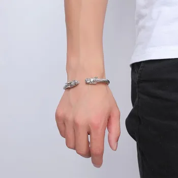 

Naga Double Head Dragon Terminal Bracelet for Men Stainless Steel Twisted Cable Cuff Bangle Adjustable Elastic Male Jewelry