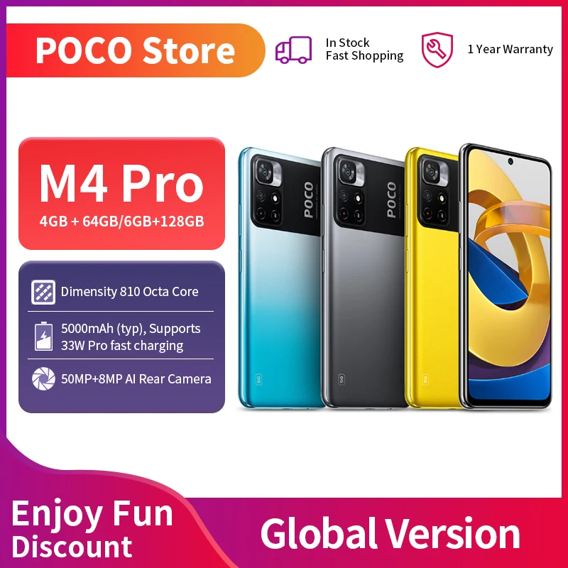 Смартфон глобальная версия POCO M4 Pro NFC 64 Гб/128 ГБ 810 дюймов 8 ядер 6 Гц FHD + DotDisplay 50 МП AI 33