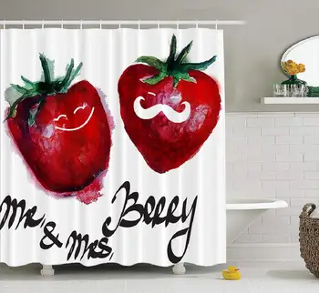 

Mr Mrs Fabric Shower Curtain, Waterproof Bathroom Shower Curtains Retro Grunge Watercolor Strawberry Funny Hipster Character for