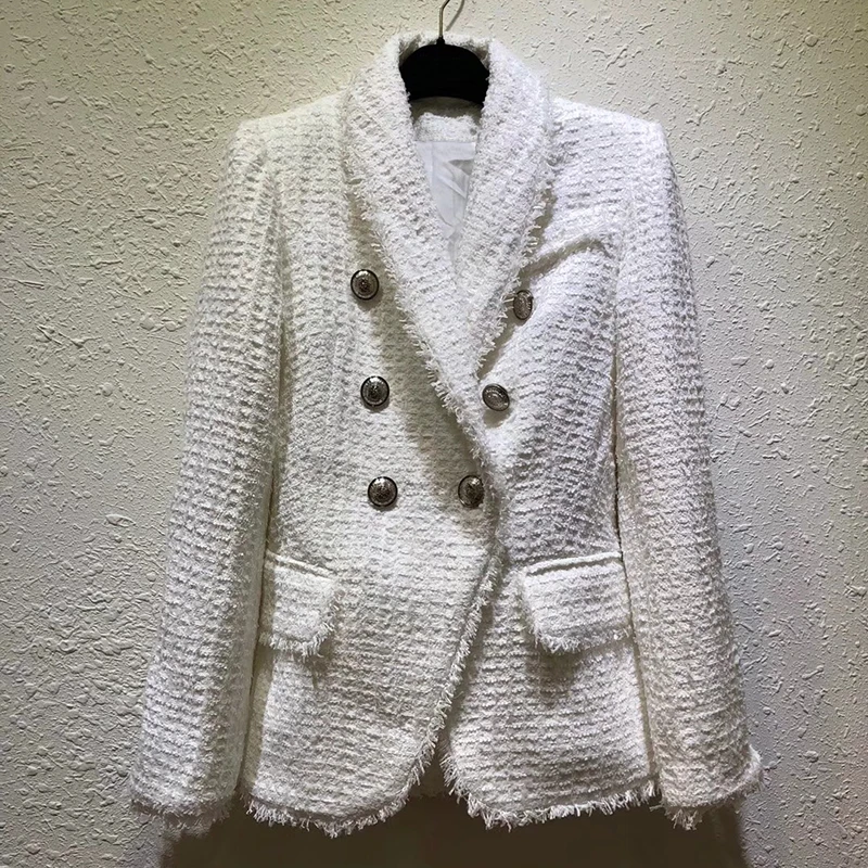 New Autumn And Winter Women's Coat Temperament Wool White Coat Double Breasted Fringe Slim Suit Female Jacket