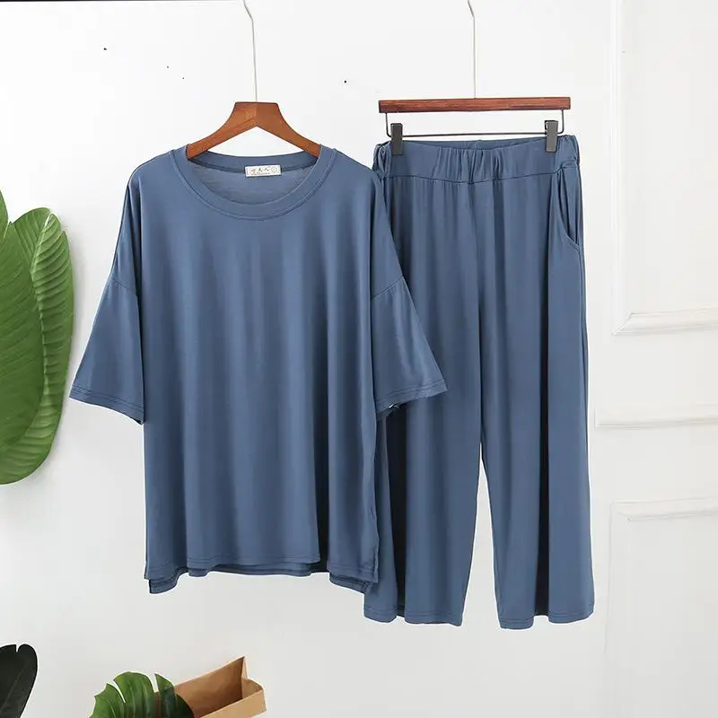 Женская Модальная Пижама, комплект, свободная мягкая одежда для сна, домашняя одежда, удобная гостиная, 2 предмета, рубашка и штаны, с круглым вырезом на лето, новинка, Неглиже - Цвет: Blue