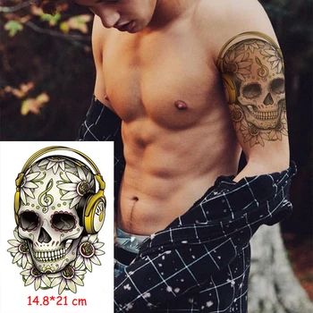 

Waterproof Temporary Tattoo Sticker Halloween skull musical note headset flower tatoo large fake tattoos flash tatto Women / Men