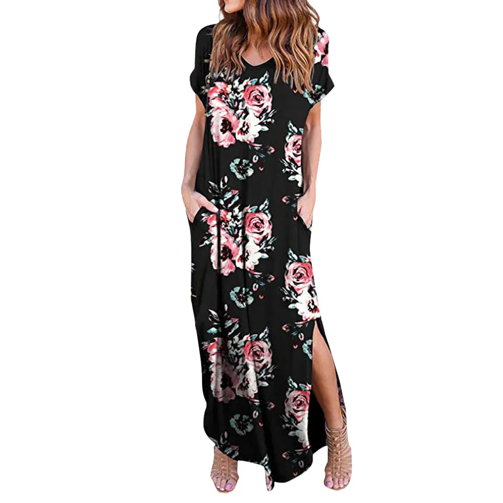 women's casual loose pocket long dress short sleeve split maxi dresses