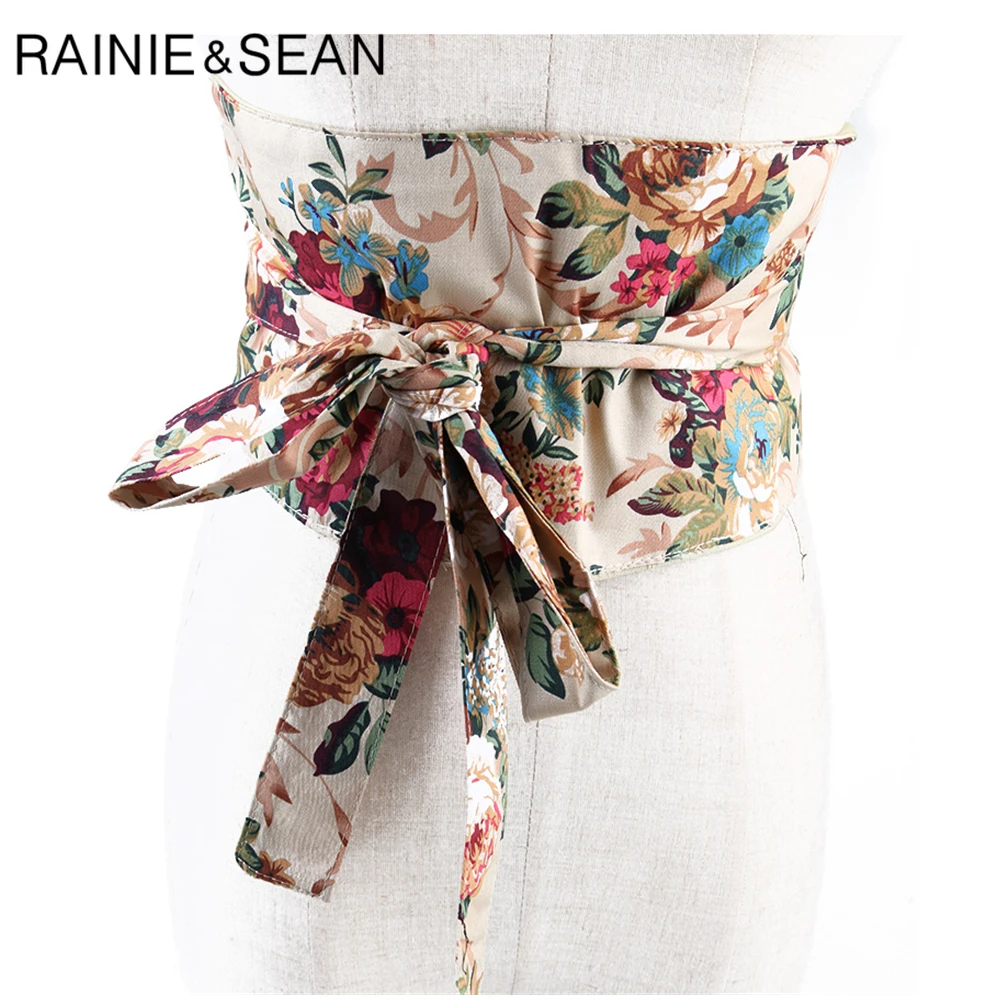 Renie SEAN японский пояс для кимоно для женщин цветочный принт Экстра Широкий Пояс женский самозавязывающийся бант винтажный женский широкий пояс