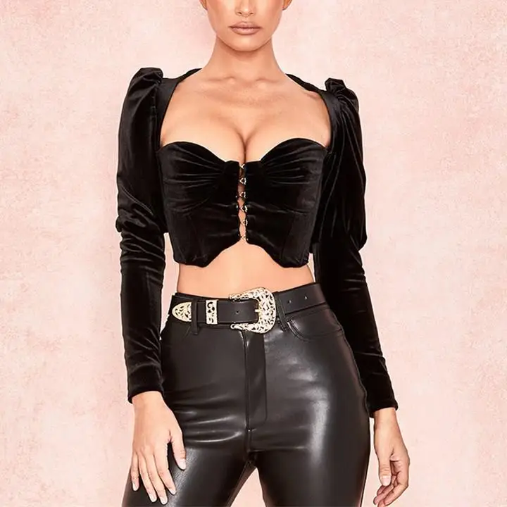 

Pop Tide Nice Tide Black Square Collar Sexy T Shirt Women Fashion Puff Sleeve Short T-Shirt Solid Cropped Tops