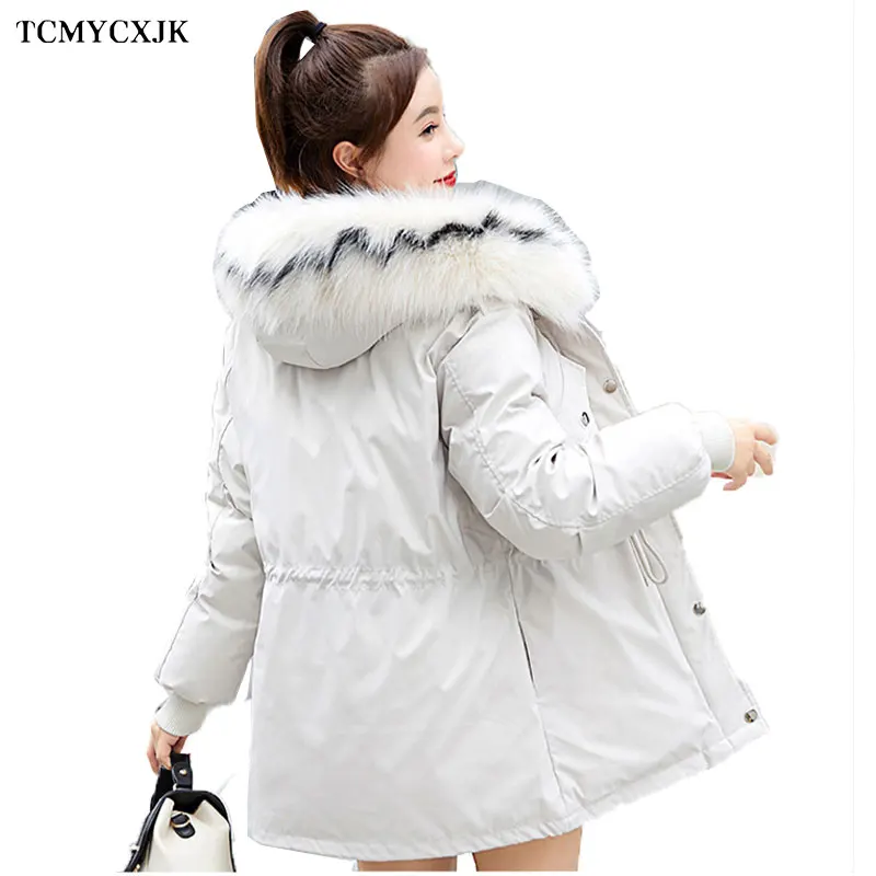 

2020 New Style Down Cotton Parker Jacket Women Winter Mid-length Loose Thick Warm Waist Coat Hooded Big Fur Collar Women's Coats