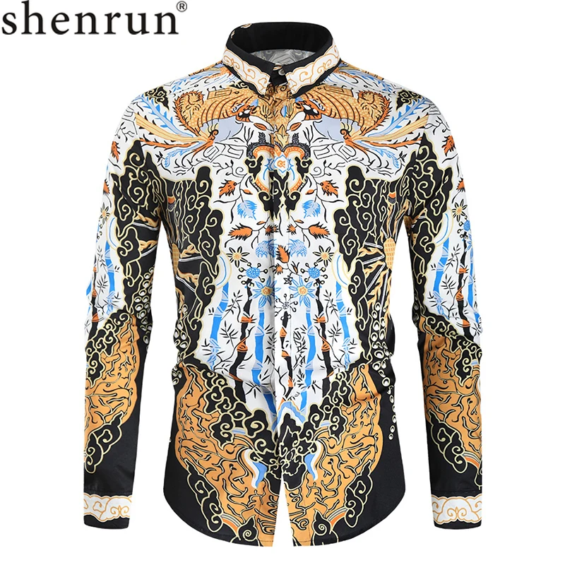 Men Shirts Spring Autumn New Fashion Long Sleeve Shirt Palace Style 3D Print Stage Costume Singer Dancer Host Party Prom Drama