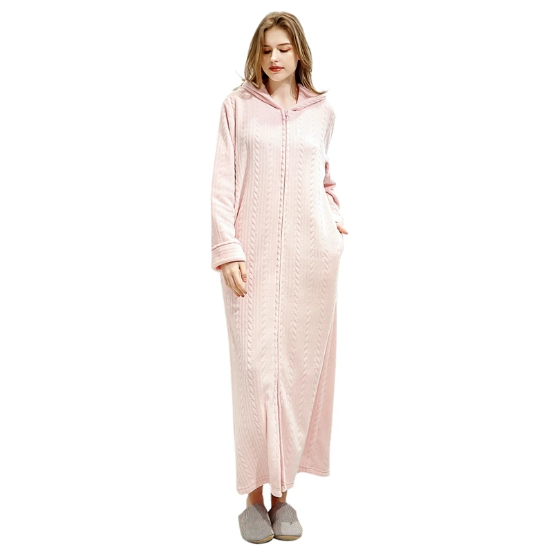 Pink Фланелевый Халат с капюшоном и длинным рукавом, банные халаты, одежда для сна, зимний теплый халат для женщин и мужчин, ночной халат на молнии, домашняя одежда - Цвет: Pink