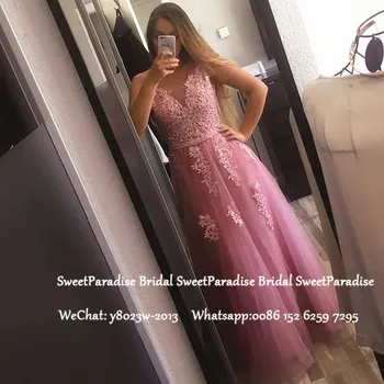 

Pink Lace Formal Evening Dress With Appliques 2020 Sheer Neck Women Long A Line Prom Dresses Robe De Soiree