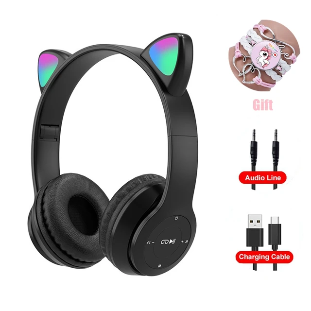 Pink Girl Wireless Headphones RGB Cute Cat Ears Headset With Microphone Noise Cancelling Kid Stereo Music casco Children's Gifts Black Set