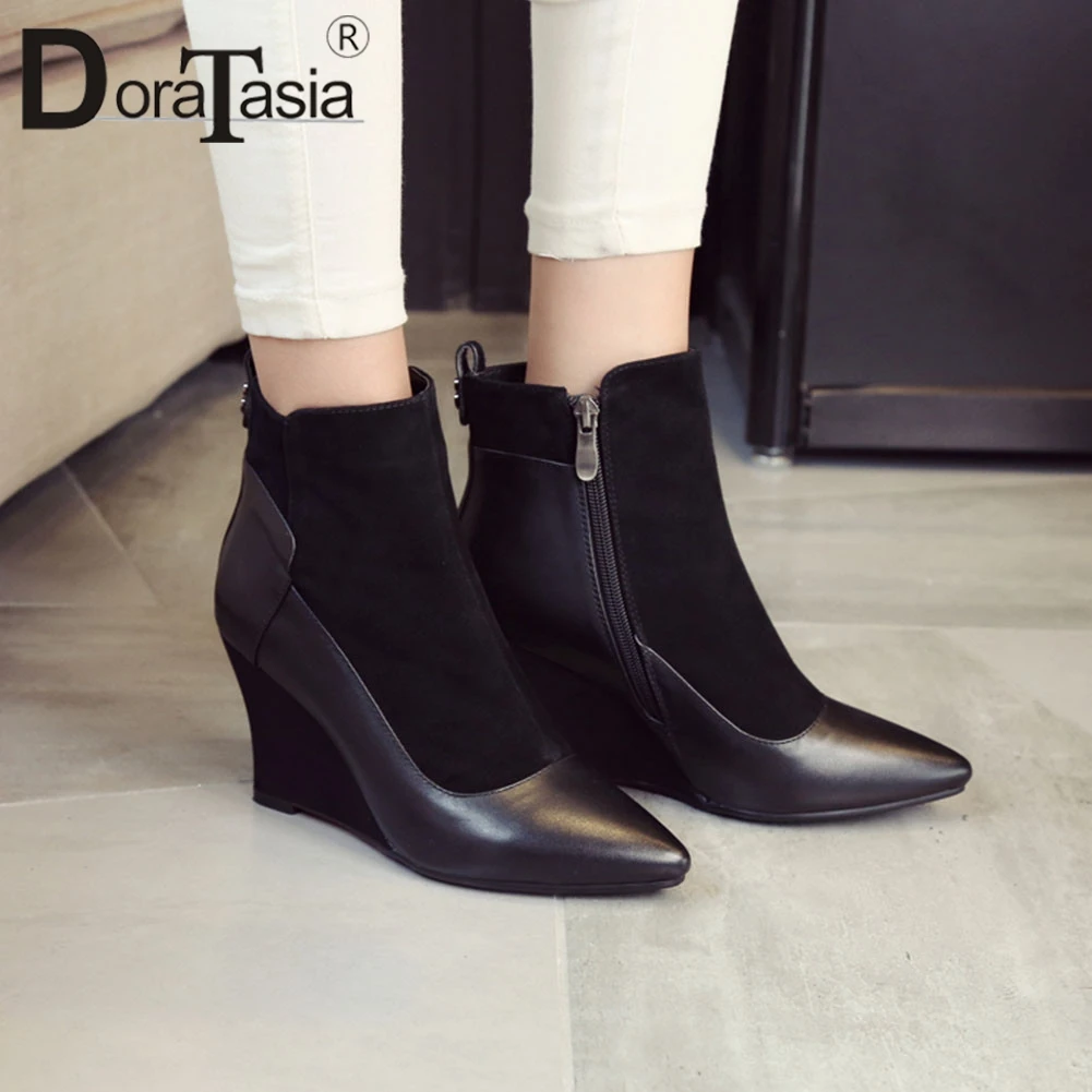 

DORATASIA Brand New women's Genuine Leather Kid Suede Wedges High Heels Shoes Woman Party Office Autumn Winter Ankle Boots