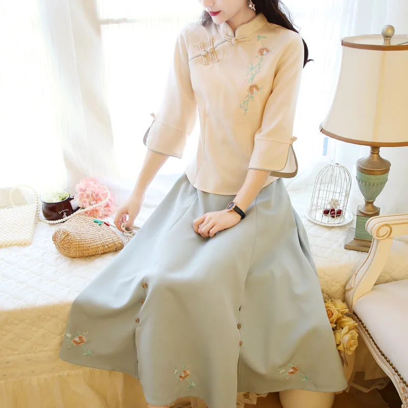 

Vintage Improved Cheongsam Two-Piece Set Embroidery Flowers the Republic of China-Style Skirt WOMEN'S Dress Chinese-style Set Ch
