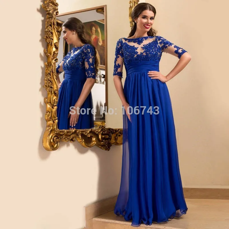 Длинные платья для матери невесты с рукавом до локтя robe de soiree real madred jersey Королевский синий шифон аппликации из бисера - Цвет: Синий
