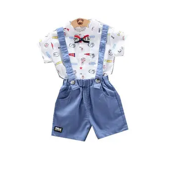 

2020 New Summer Baby British Style Clothes Boys Girl Bow Baseball Print T-shirt Bib Shirt 2pcs/sets Infant Clothing Kids Garment