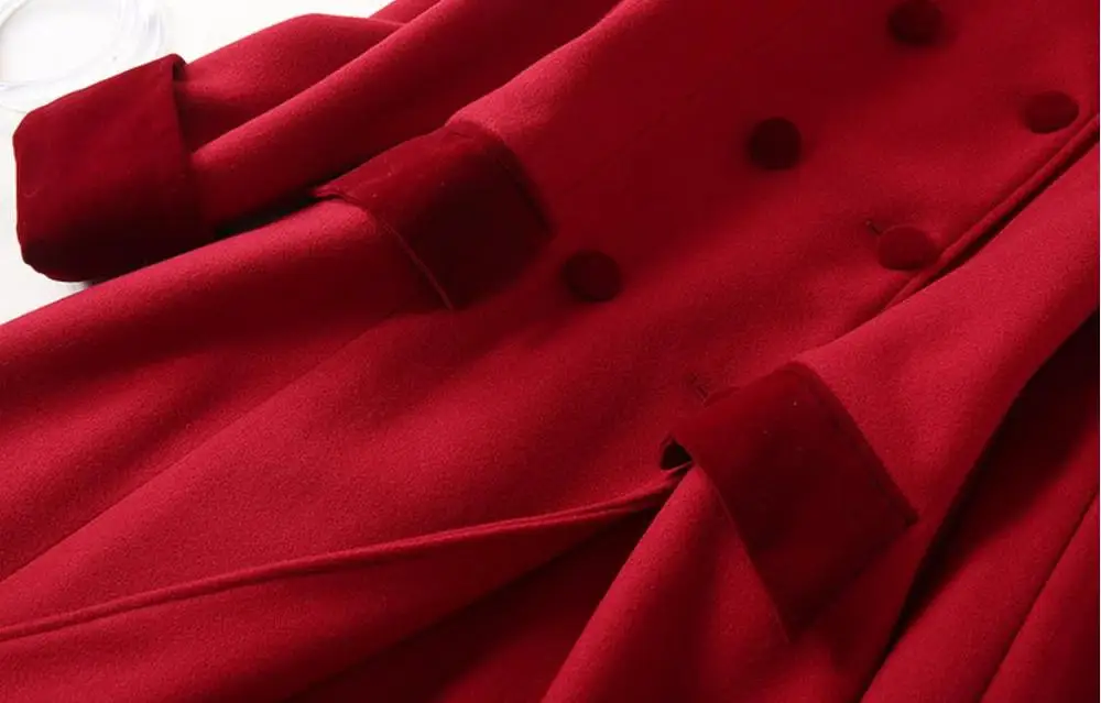 Осенне-зимнее модное двубортное шерстяное пальто женское Красное тонкое длинное шерстяное пальто