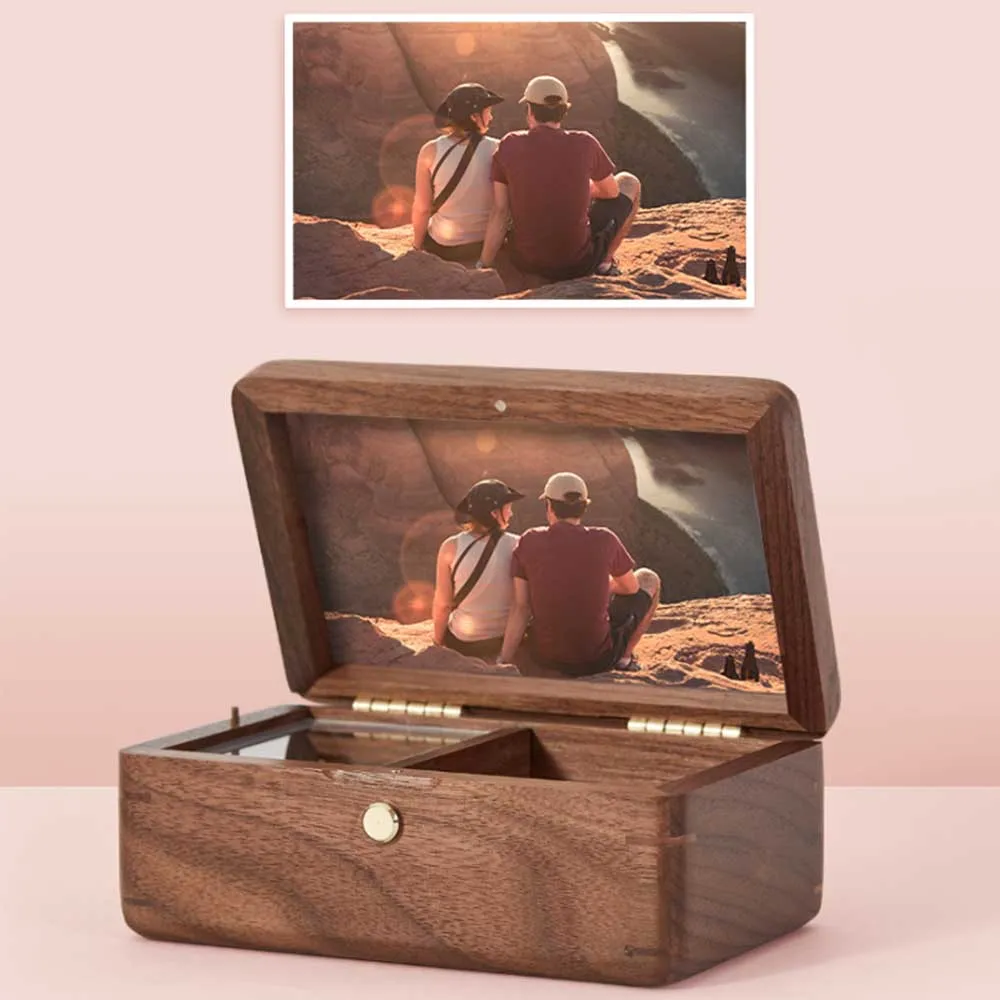 Caja de música de madera personalizada con marco de fotos, caja de  almacenamiento de joyas, mecanismo de relojería, manivela, caja Musical de  madera maciza, regalo de cumpleaños para niñas - AliExpress