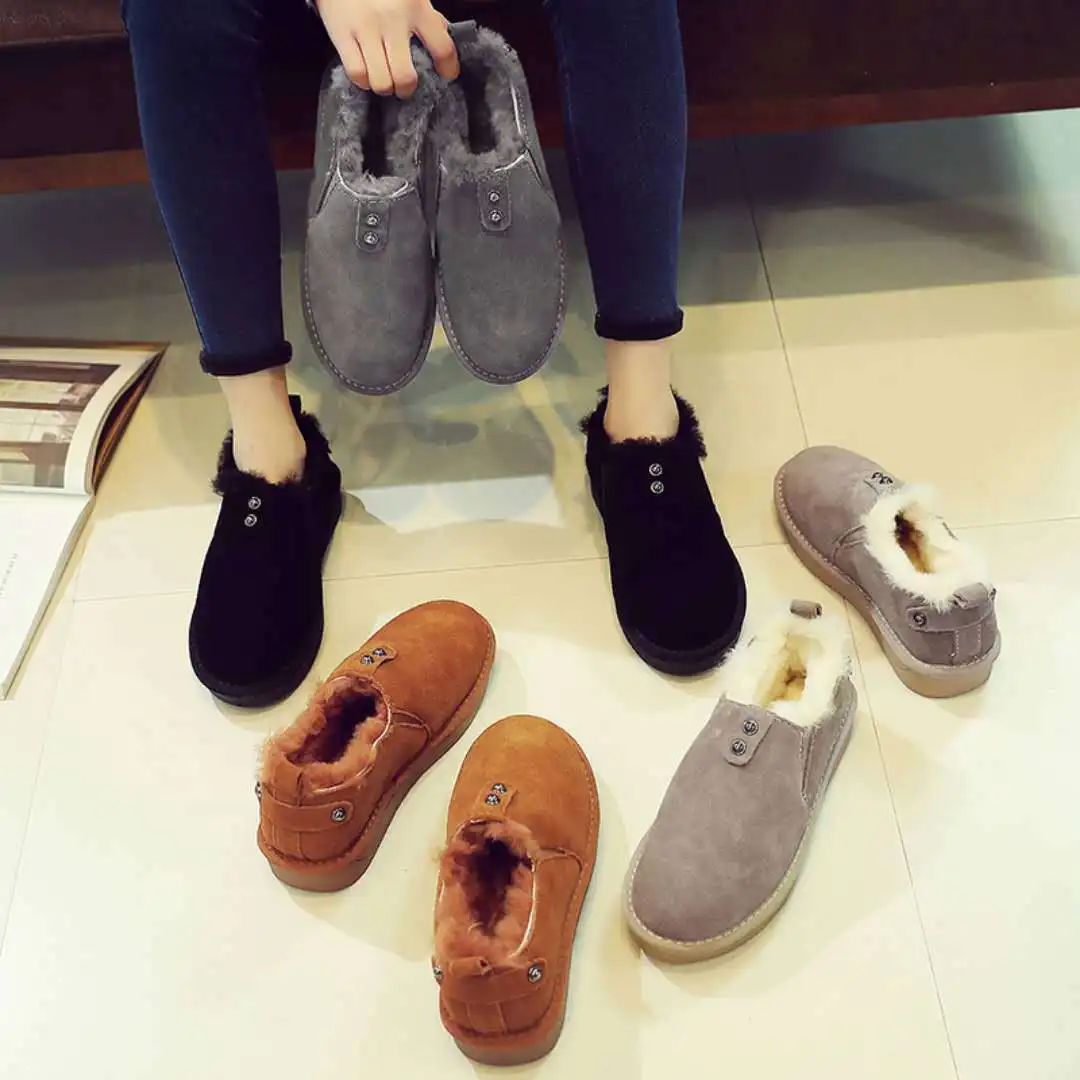 

New Style Versatile Flat Heel-Toe Anti-slip Cowhide 100% Wool Thick Snow Boots Women's Warm Cotton-padded Shoes