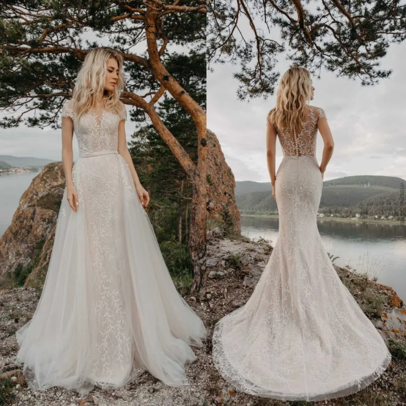 Шикарное кружевное свадебное платье русалки со съемным шлейфом Vestido De Noiva из тюля с коротким рукавом богемные свадебные платья