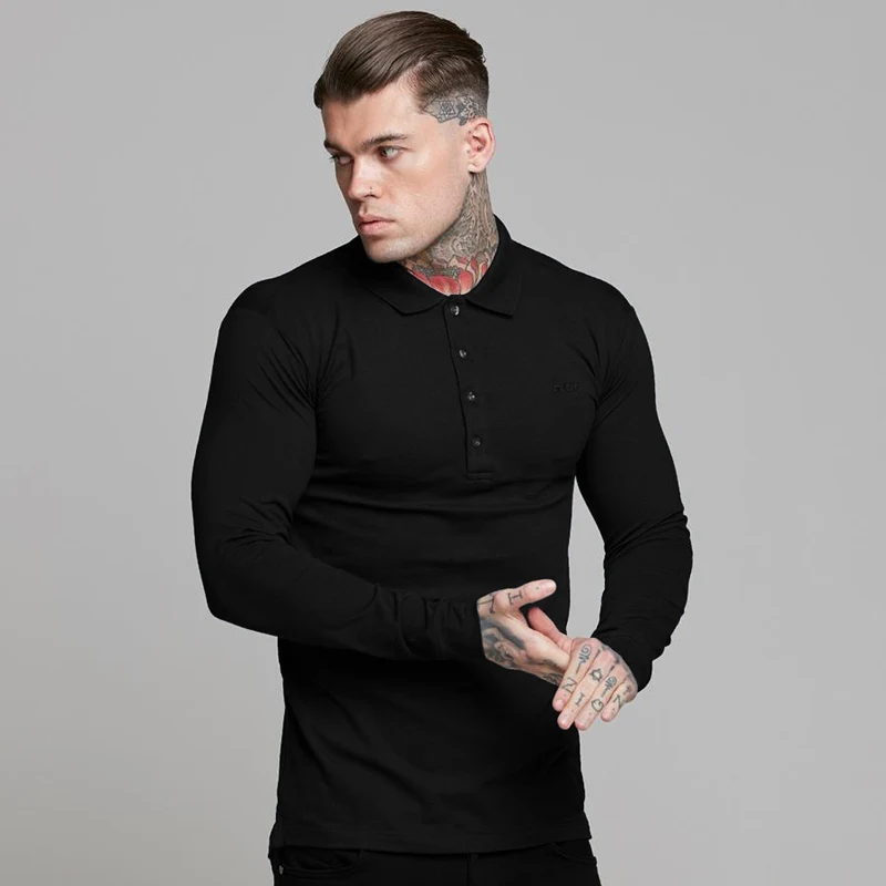 Новая стильная мужская рубашка-поло с длинными рукавами для отдыха, спортивная вышитая рубашка поло, весенне-осенняя тонкая дышащая модная брендовая одежда - Цвет: black