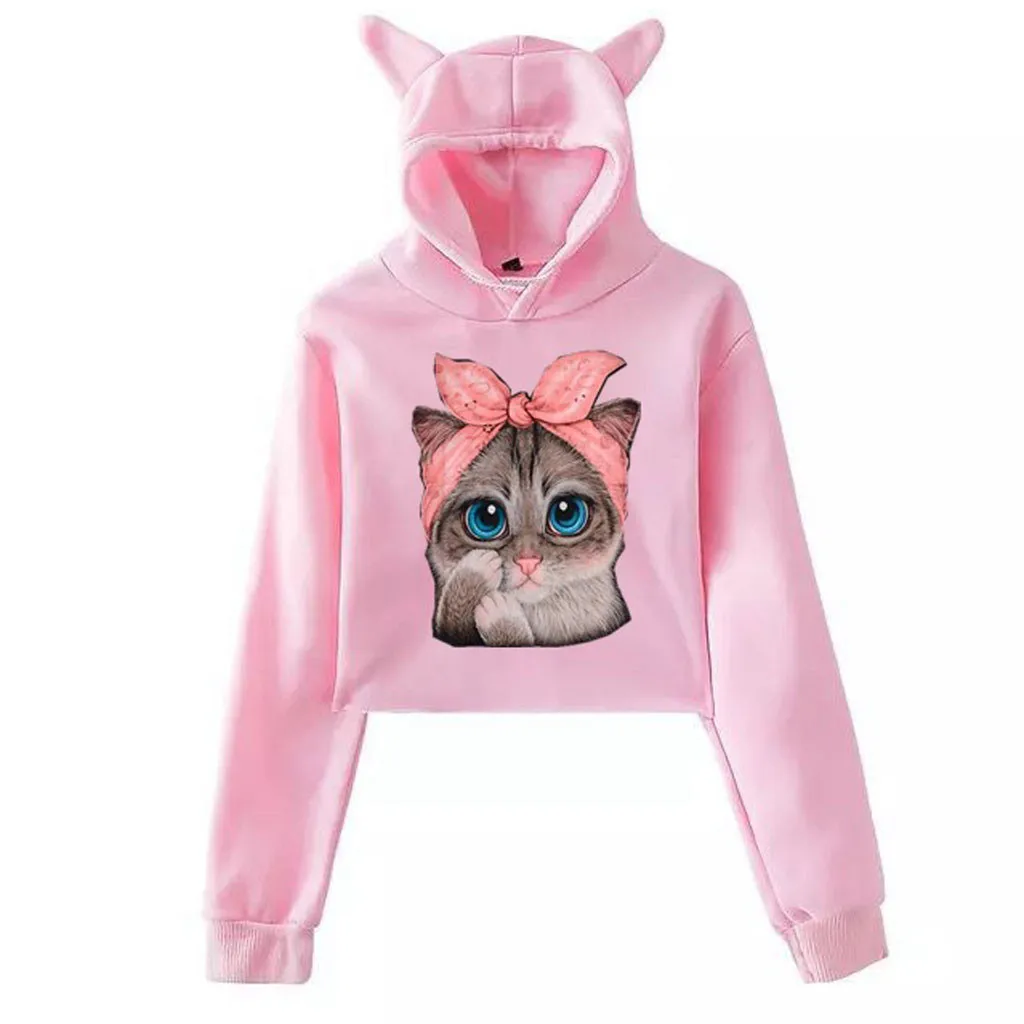 Осень-зима, женские укороченные толстовки, Kawaii, кошачьи ушки, свободные, Повседневная Уличная одежда, длинный рукав, теплый пуловер, свитшоты# B
