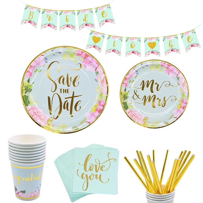 Wedding Disposable Tableware Set Bronzing Paper Plates Cups Straws Napkins Mr Mrs Love You Engagement Decoration Supplies
