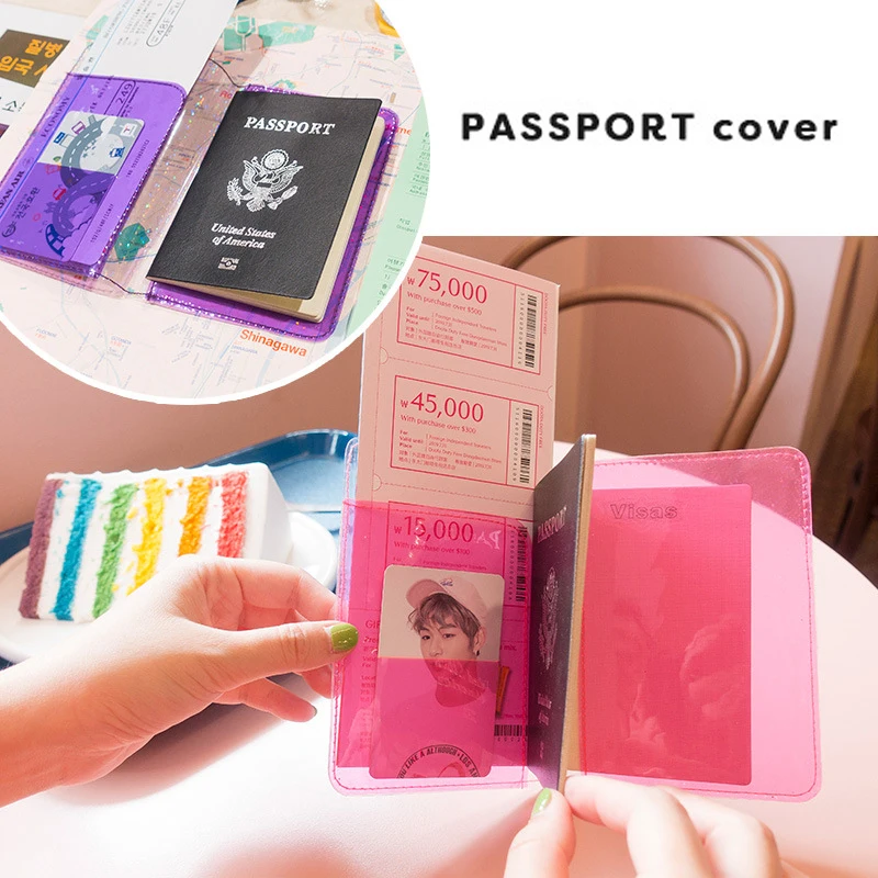 Basedidea PVC Travel Passport Case Lovely Ticket Card Bag Korea Girls Waterproof Shining Heart Passport Holder