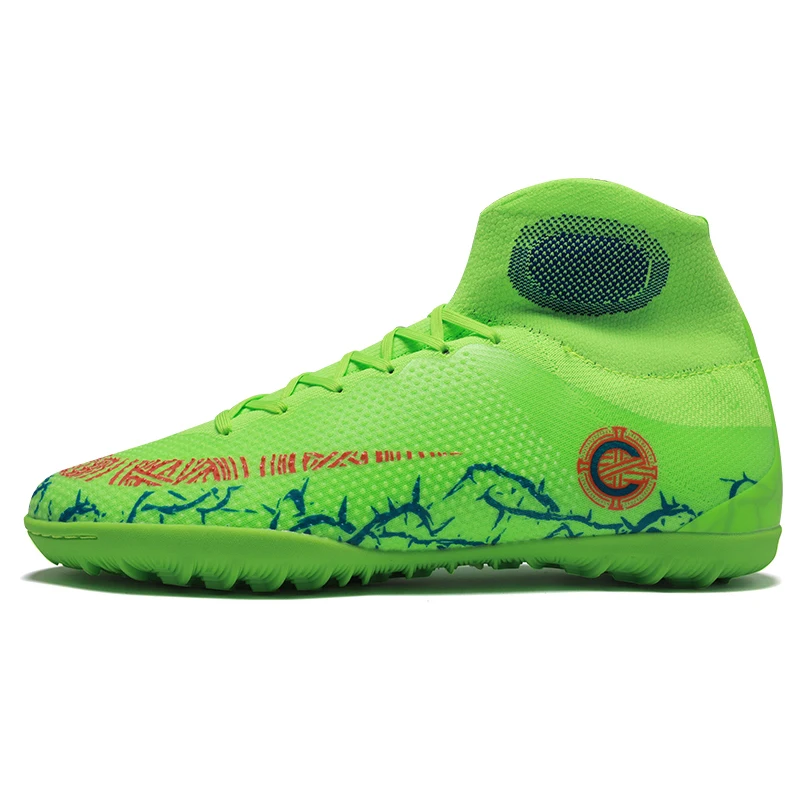 New Arrival Men Soccer Shoes High Ankle Football Shoes Training Cleats FG Kids Superfly Turf Football Boots futebol chuteiras - Color: Green TF