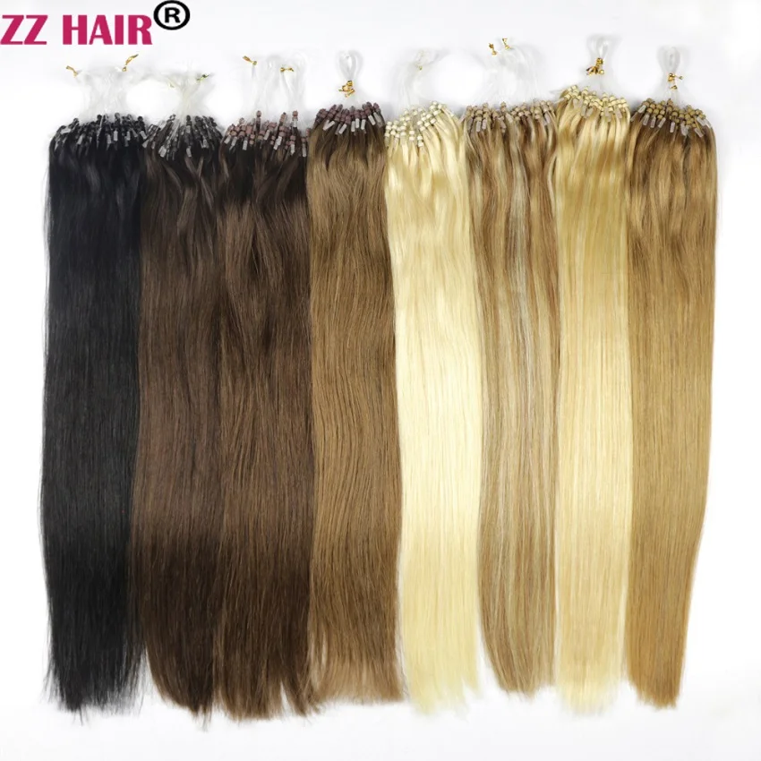 ZZHAIR 기계 제작 레미 헤어 마이크로 루프 링 100% 인모 연장 100s/팩, 40g-70g 비드 링크, 0.4g-0.7g, 16 인치-24 인치
