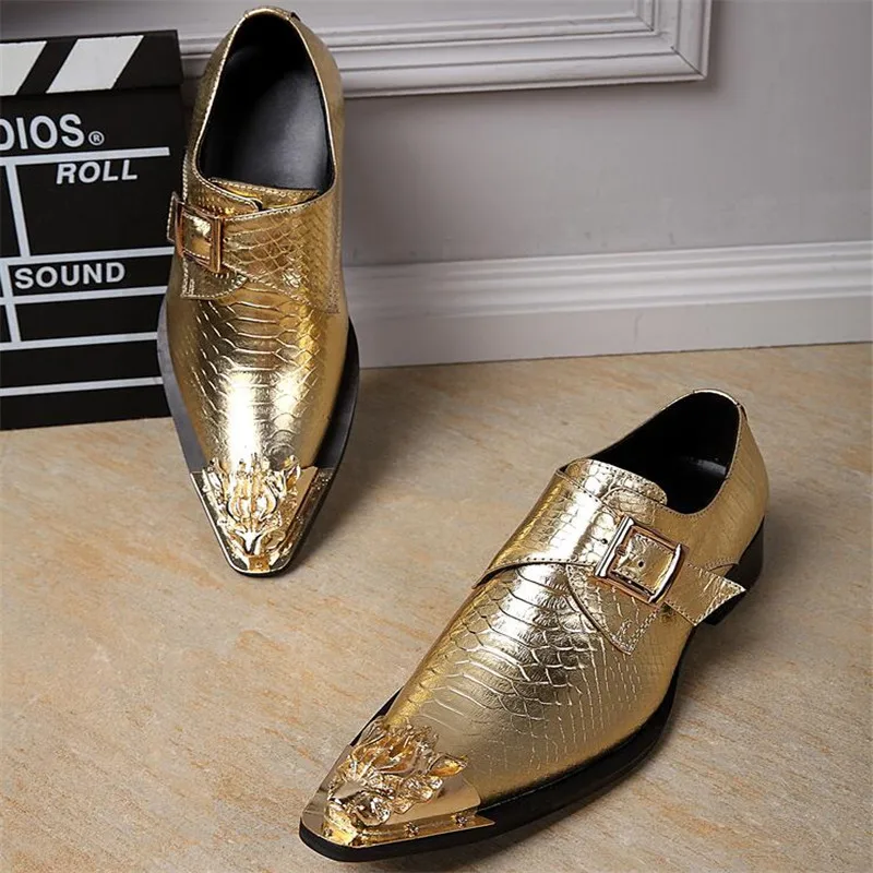 British Men's Genuine Leather Shoes gold/ Silver Business Party Dress Shoes Fashion Flat Wedding Men Gentleman Oxford Shoes