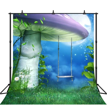 

Dreamy Mushroom Photography Backdrop Fairy Tale Forest Swing Moon Night Florets Meadow Background Photo Studio Props