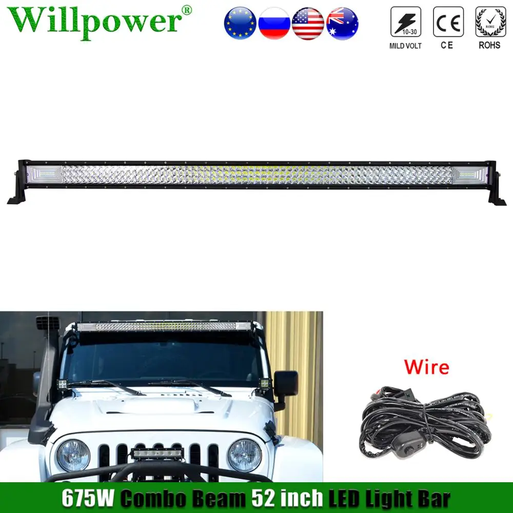 

SUV 4x4 Car Roof Triple Row 675W 52" inch LED Light Bar For Jeep JK Chevy 4runner Offroad Truck Driving Fog Light LED Bar +Wire