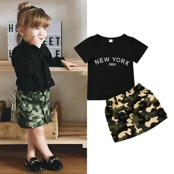 

Toddler baby Kids Girl T-shirt Tops Camo Short Sleeve Top Skirt Dress 2PCS Summer Outfits Baby Girl Clothes New York