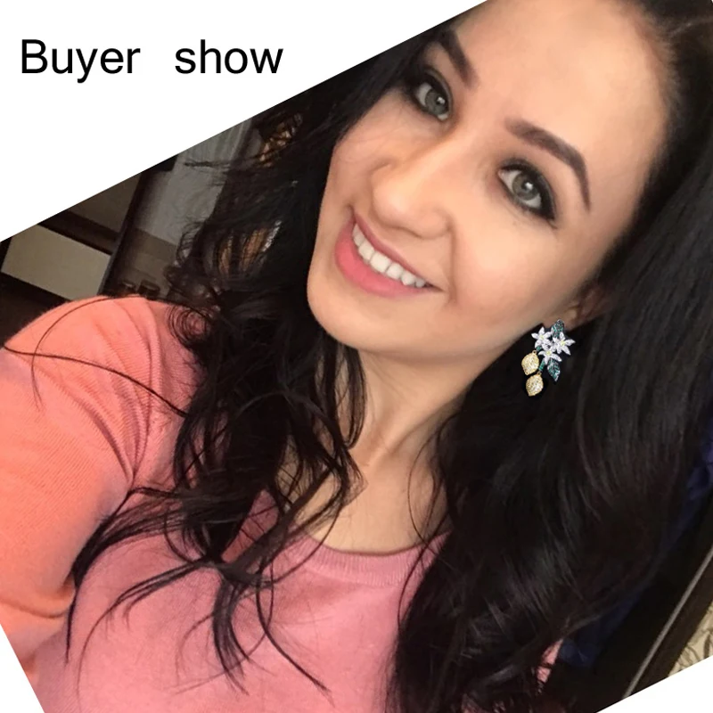 BeaQueen Luxury Designer Yellow Green Cubic Zircon Leaf Flower Hanging Drop Earrings 3 Tones Black Gold Color Boho Jewelry E377