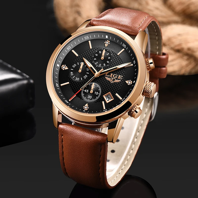 2020 LIGE Leather Watches Mens Top Brand Luxury Business Watch Fashion Sport Clock Waterproof Quartz Men Watch Relogio Masculino