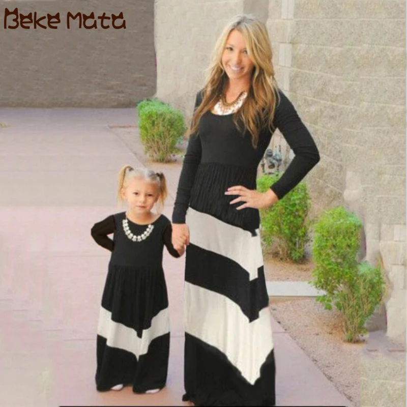 Family Matching Dress Long Sleeve Mommy And Me Clothes Striped Family Look Mother Daughter Dresses Autumn Mom Girl Maxis Clothes
