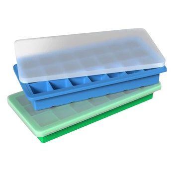 

21 Squares Silicone Ice Trays with Plastic Lids-for Guzzle,Soups,Baby Food and freeze Food-Blue Green 2 Pack
