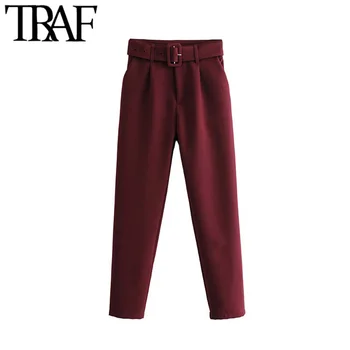 

TRAF Women Vintage Stylish Office Wear High Waisted Pants Fashion Zipper Fly With Belt Pockets Female Ankle Trousers Pantalones