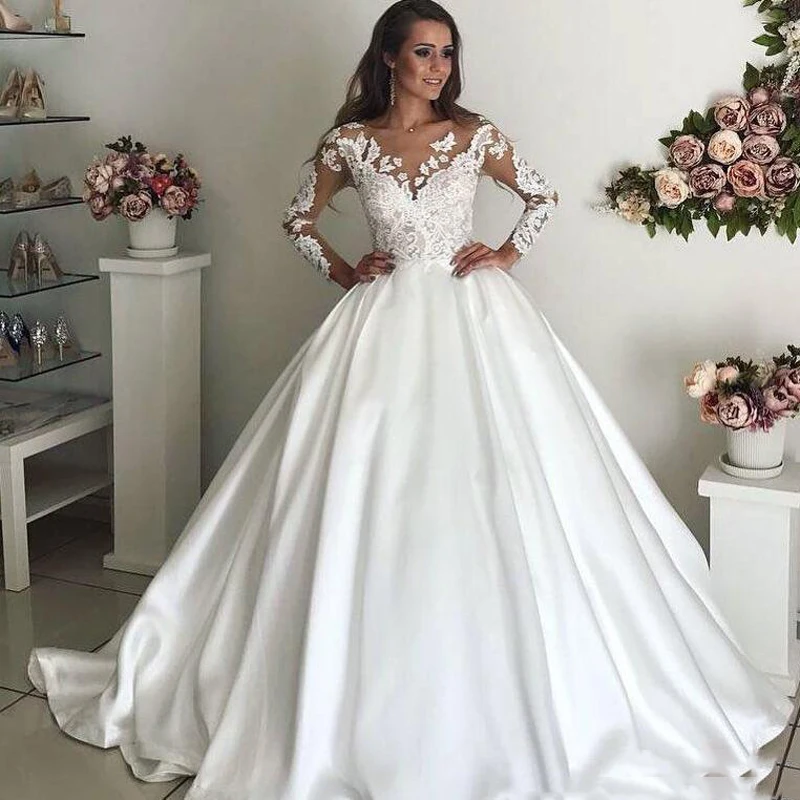 Satin Ball Gown Wedding Dresses Scoop Long Sleeves Vestidos De Noiva Court Train Lace Appliques Bridal Gown Robe De Mariee (1)