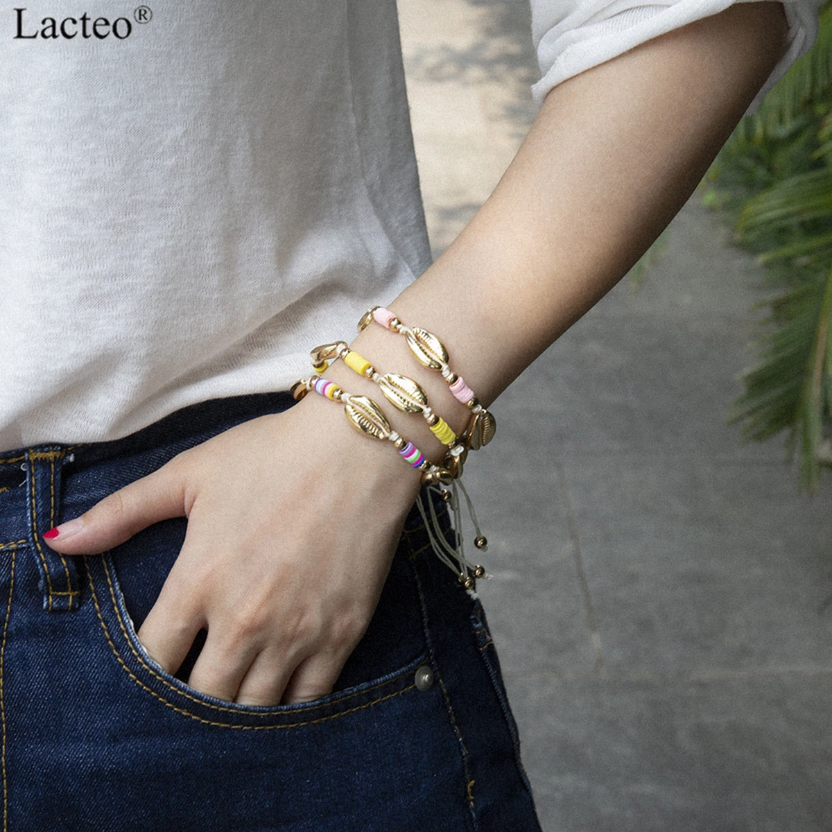 

Lacteo Bohemian Golden Alloy Shell Bracelet Bangle for Women 2019 Fashion Adjustable Colorful Soft Pottery Bracelet Jewelry
