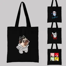 Women's Black Shopping Bag Casual Large-capacity Shoulder Bag Reusable Cute Dog Pattern Printed Canvas Commuter Carrying Bag