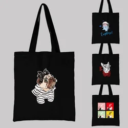 Women's Black Shopping Bag Casual Large-capacity Shoulder Bag Reusable Cute Dog Pattern Printed Canvas Commuter Carrying Bag