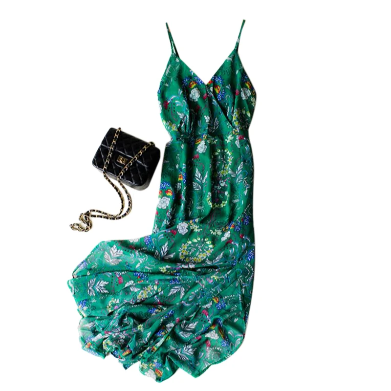 

New 2019 Elegant Summer Dress Women High Quality Green Print Beach dress Chiffon Long Spaghetti Strap V-Neck Free Shipping